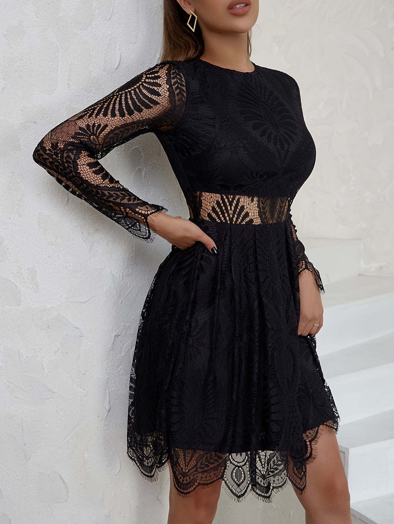 Women's Elegant Lace Dress with Cutout Waist and Long Sleeves - Ideal for Special Occasions MyFave Boutique