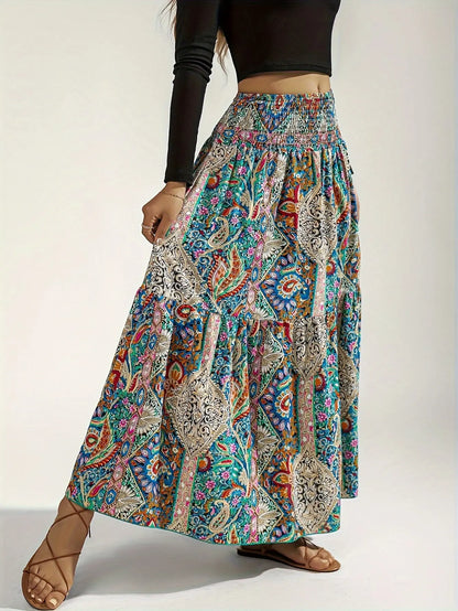 Paisley Print Shirred Waist Skirt – Women's Boho Vacation Style, Spring & Summer Ankle Length Loose Layered Skirt MyFave Boutique