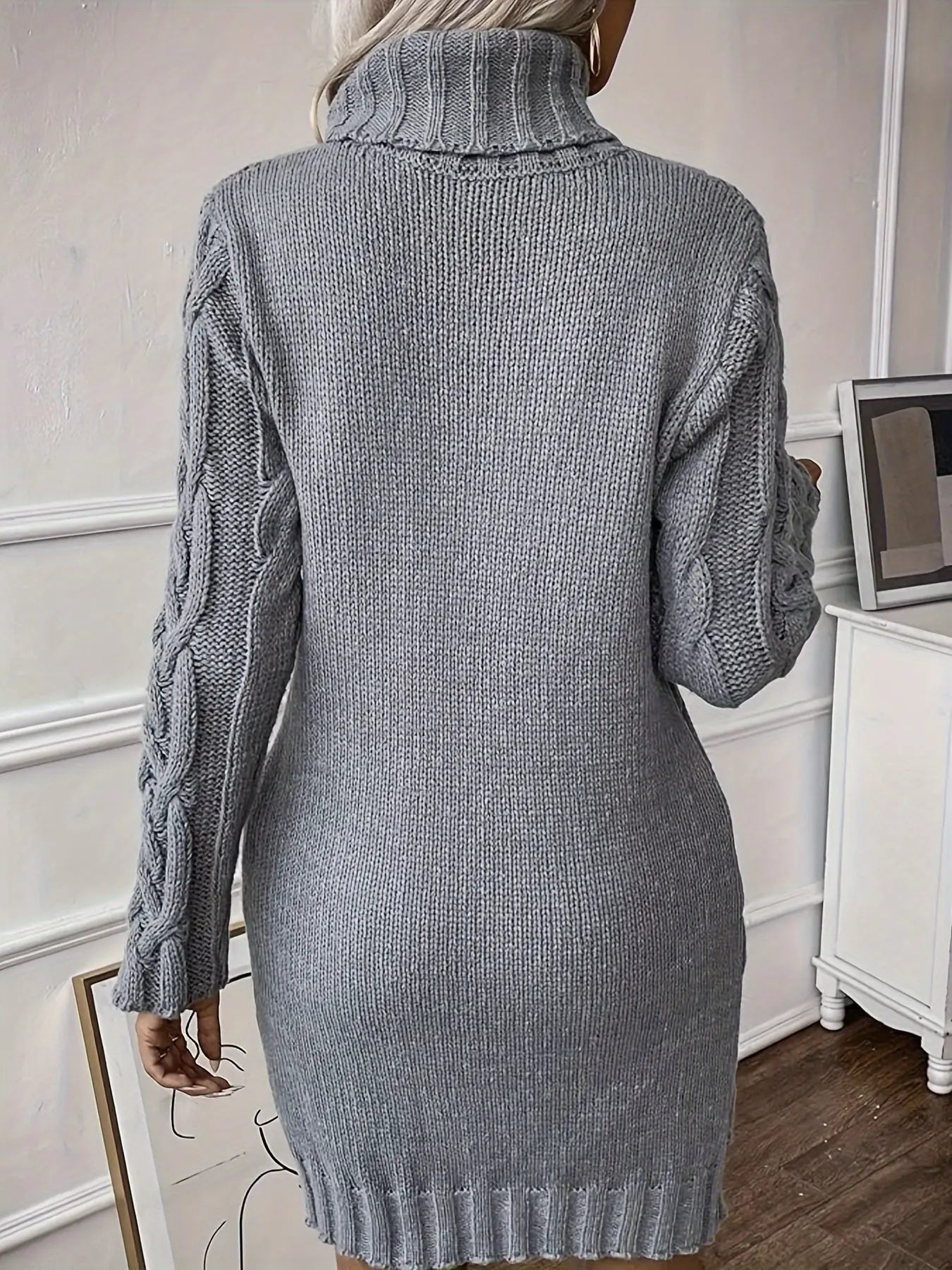 Casual Acrylic High Neck Cable Knit Sweater Dress - Drop Shoulder Long Sleeve Ribbed Midi Loose Fit All-Season Knit Fabric Dress with Solid Pattern MyFave Boutique