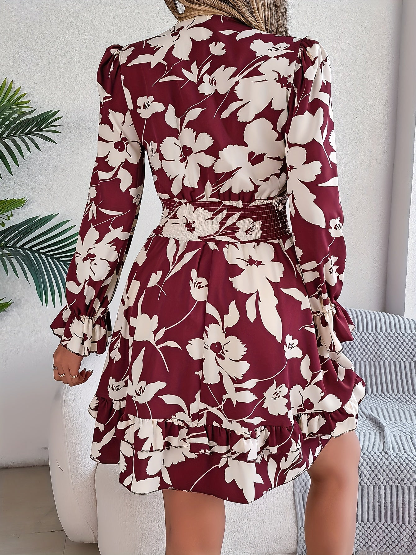 Floral Print Knot Front Dress, Elegant Long Sleeve Shirred Waist Ruffle Hem Dress For Spring & Fall, Women's Clothing MyFave Boutique