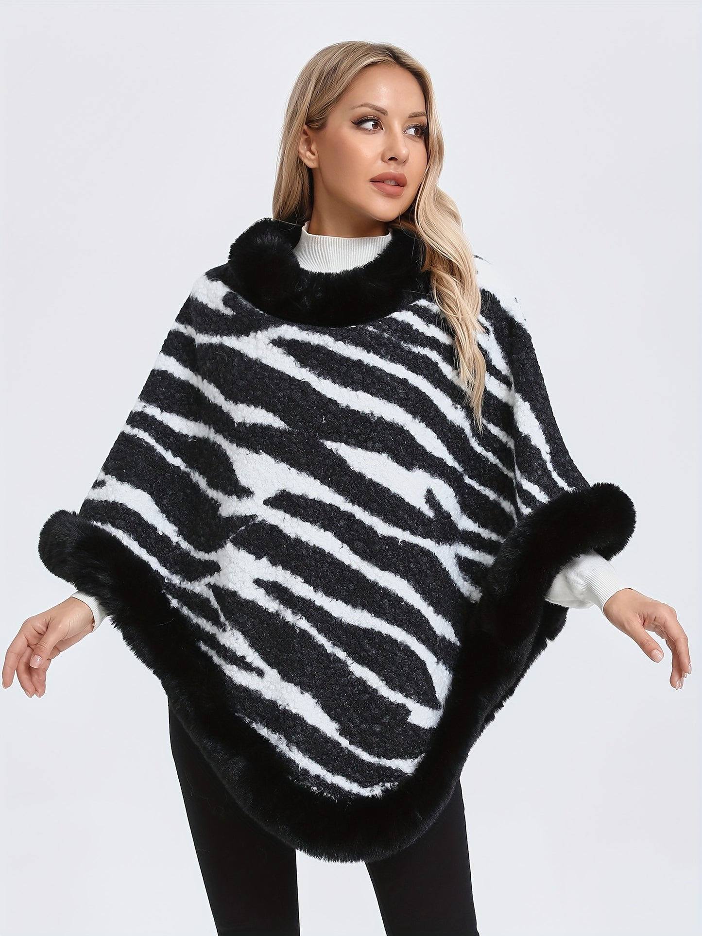 Zebra Stripe Pattern Fuzzy Trim Poncho, Elegant Thermal Hanky Hem Crew Neck Cape For Fall & Winter, Women's Clothing MyFave Boutique