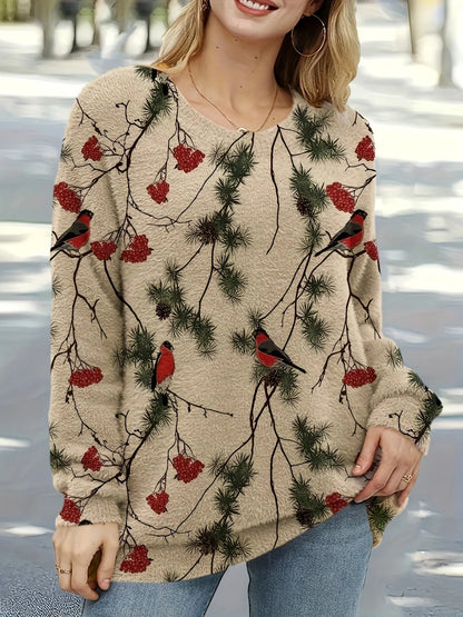 Festive Winter Sweater: Cozy Acrylic & Nylon Blend with Full-Print Pine Branches & Red Berries - Perfect for the Holidays MyFave Boutique