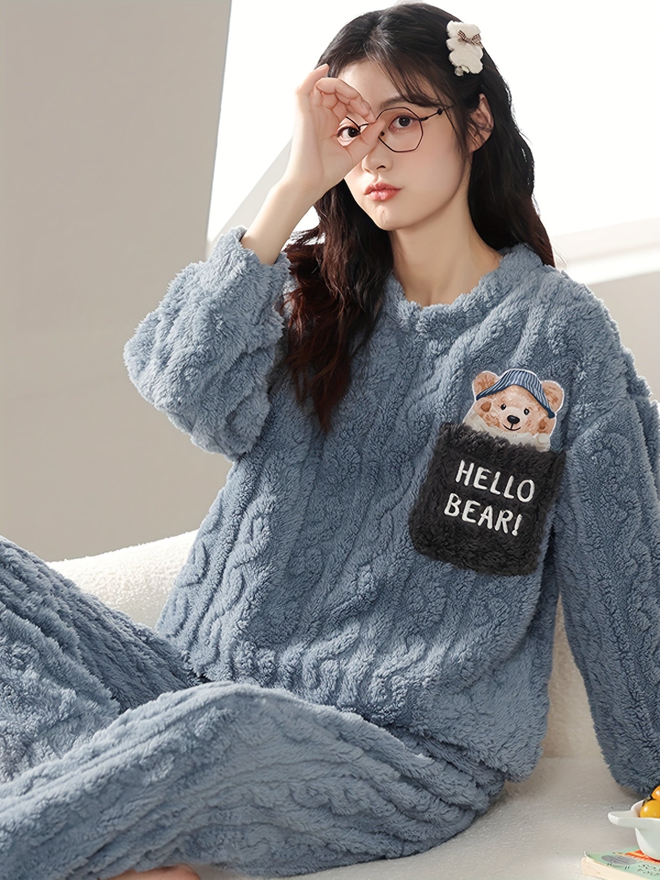 Women's Cute Bear & Letter Pattern Jacquard Fleece Thick Pajama Set, Long Sleeve Round Neck Top & Pants, Comfortable Relaxed Fit For Fall & Winter MyFave Boutique