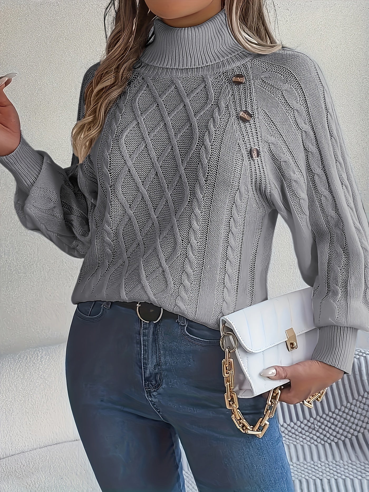 Solid Turtle Neck Cable Knit Sweater, Casual Button Lantern Sleeve Loose Sweater, Women's Clothing MyFave Boutique