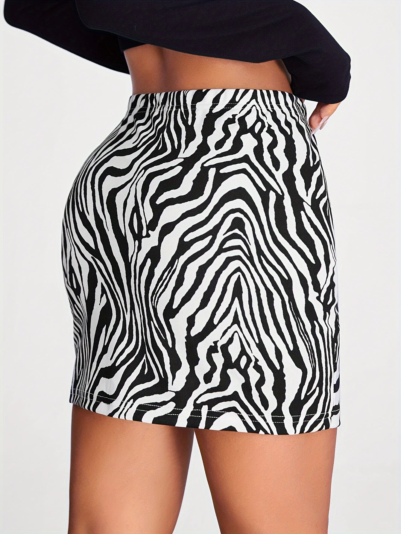 High-Waisted Jersey Skirt With Asymmetrical Hem, Polyester And Spandex Blend, Elegant And Flattering Fit, Random Print, Mid-Calf Length MyFave Boutique