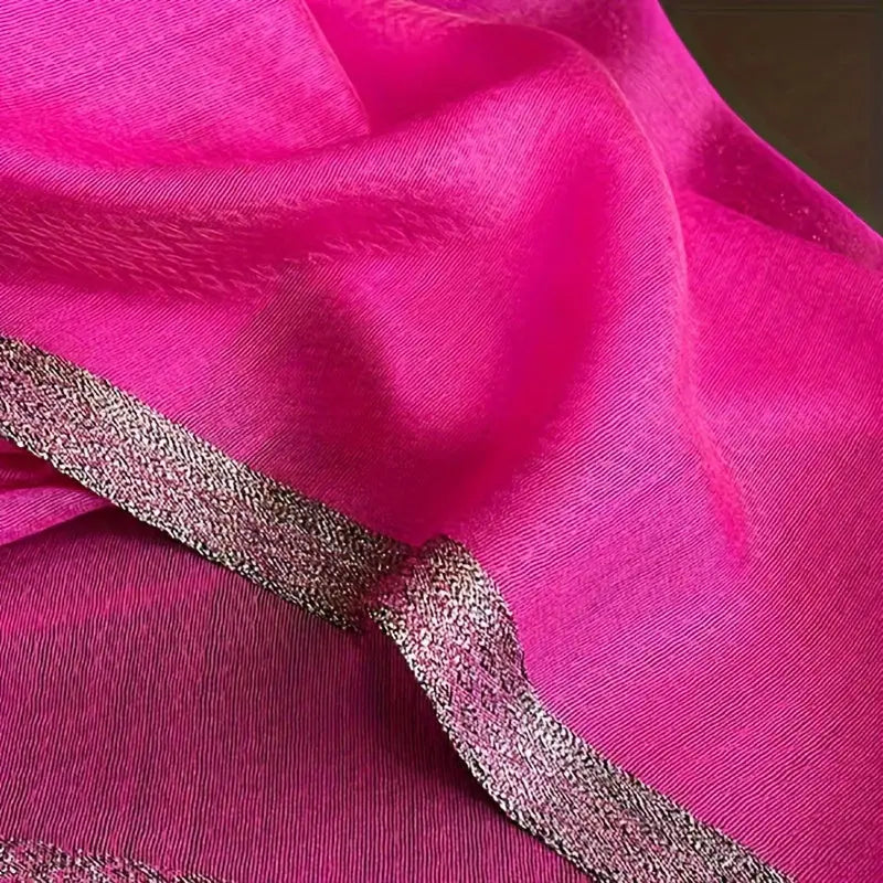 1pc Fuchsia Pink Scarf With Golden Trim, Spring/Autumn Sun Protection Warm Shawl, Versatile Casual Adult Daily Wear Wrap MyFave Boutique