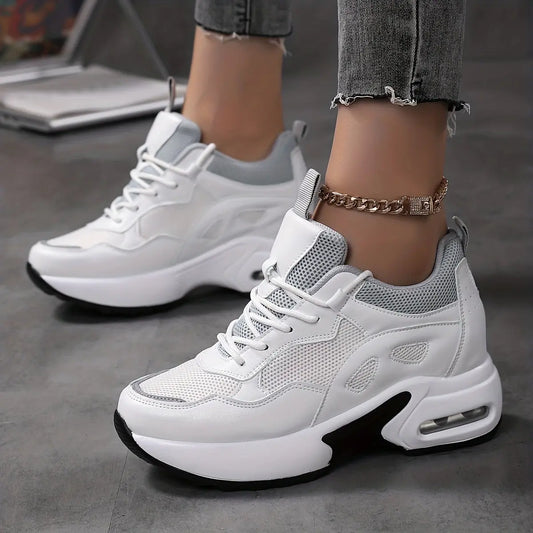 Women's Solid Color Mesh Sneakers, Lace Up Low-top Round Toe Non-slip Heightening Breathable Shoes, Versatile Comfy Shoes MyFave Boutique