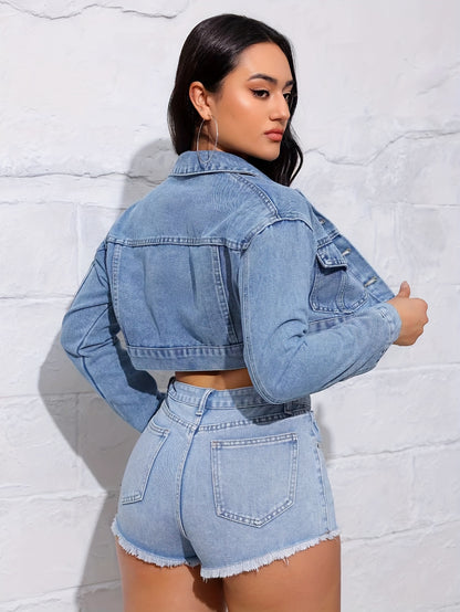 Women's Vintage Collar Denim Cropped Jacket, Simple Fashionable Casual Street Style, Ladies Chic Jean Outerwear MyFave Boutique