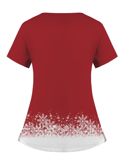 Festive Christmas Scrub Set for Women: V-Neck Top with Pocket and Snowflake Design, Paired with Red Pants - Perfect for Holiday Celebrations MyFave Boutique