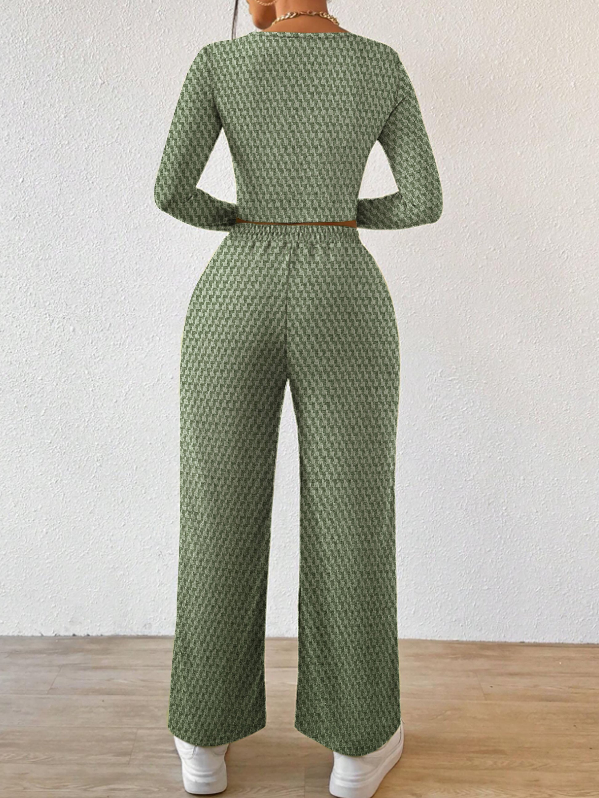 Solid Color Elegant Set, Crew Neck Long Sleeve Top & Pocket Pintuck Straight Leg Pants, Women's Clothing MyFave Boutique