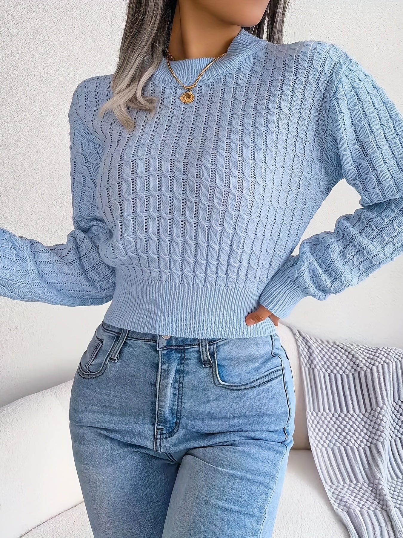 Cable Pattern Pullover Sweater, Casual Long Sleeve Sweater For Fall & Winter, Women's Clothing MyFave Boutique