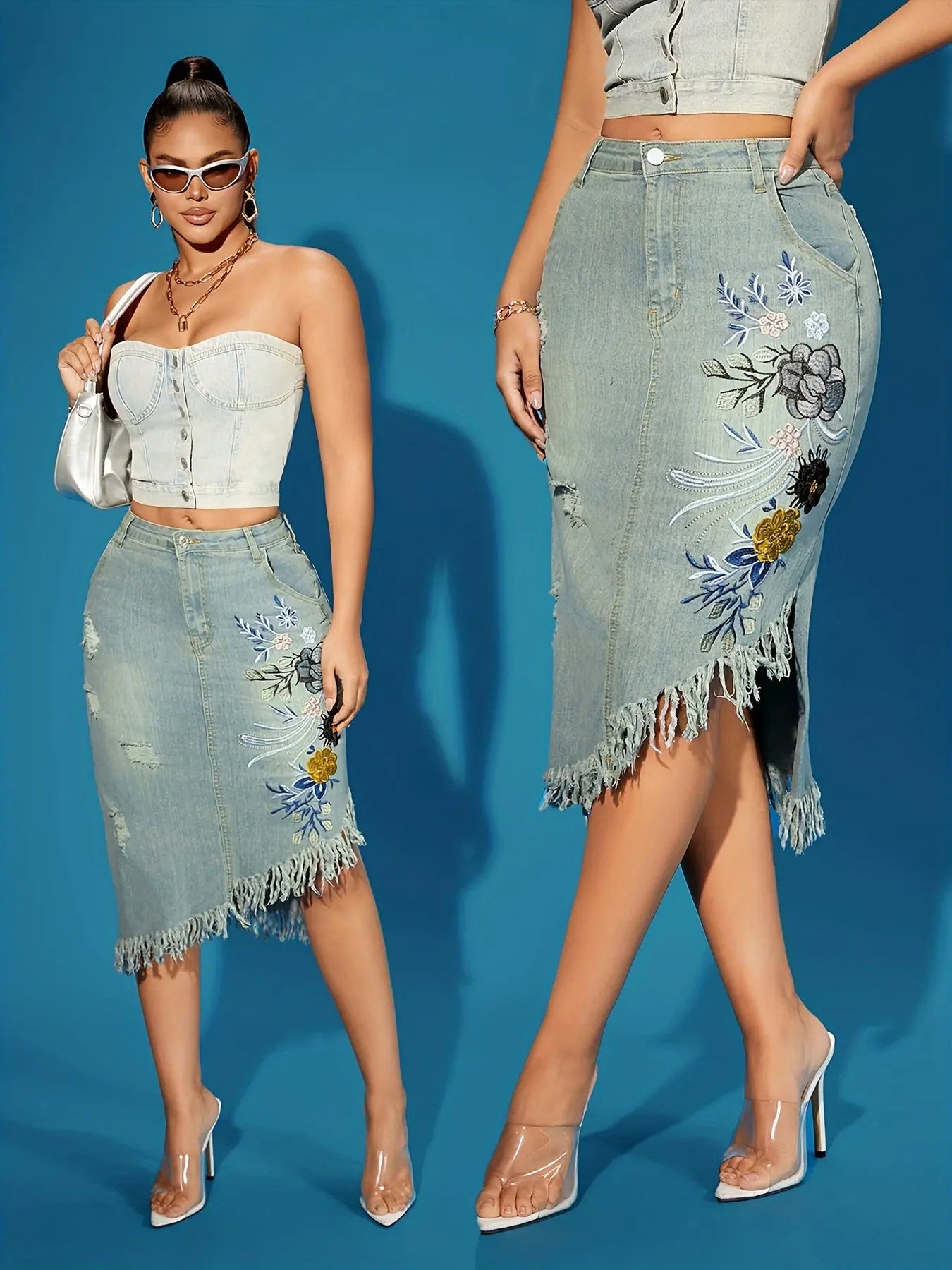 Retro Floral Embroidery Raw Hem Midi Denim Skirt for Women MyFave Boutique