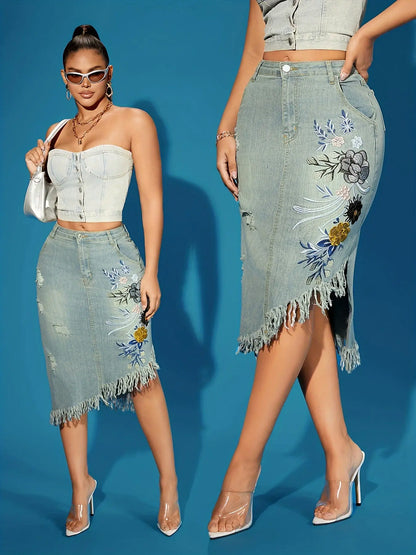 Retro Floral Embroidery Raw Hem Midi Denim Skirt for Women MyFave Boutique