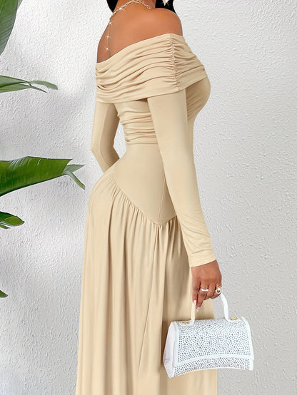 Foldover Off Shoulder Ruched Dress, Elegant Long Sleeve Slim Maxi Dress For Spring & Fall, Women's Clothing MyFave Boutique