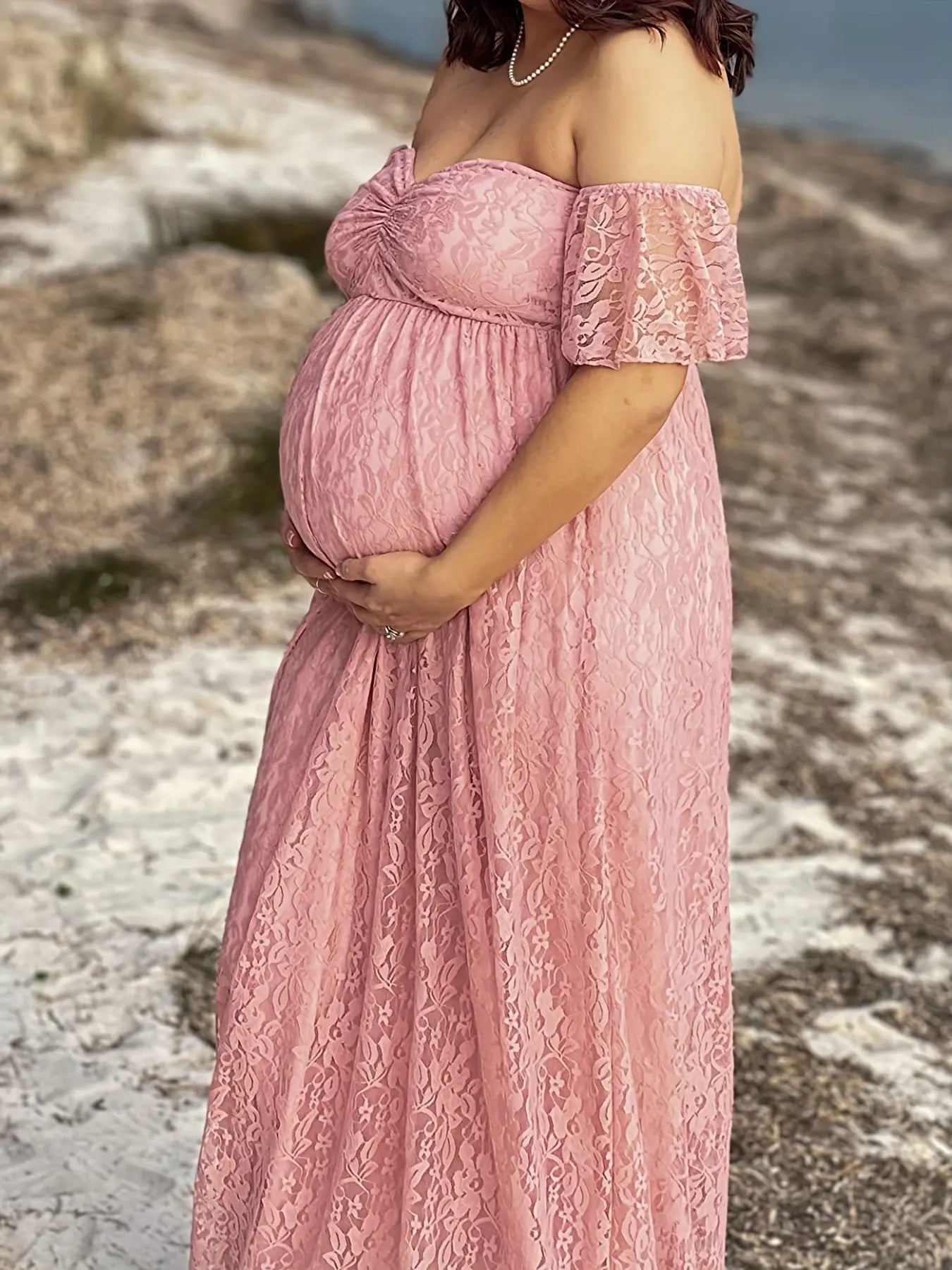 Elegant Maternity Lace Dress for Photography & Parties - Off-Shoulder, Flared, Long Length MyFave Boutique