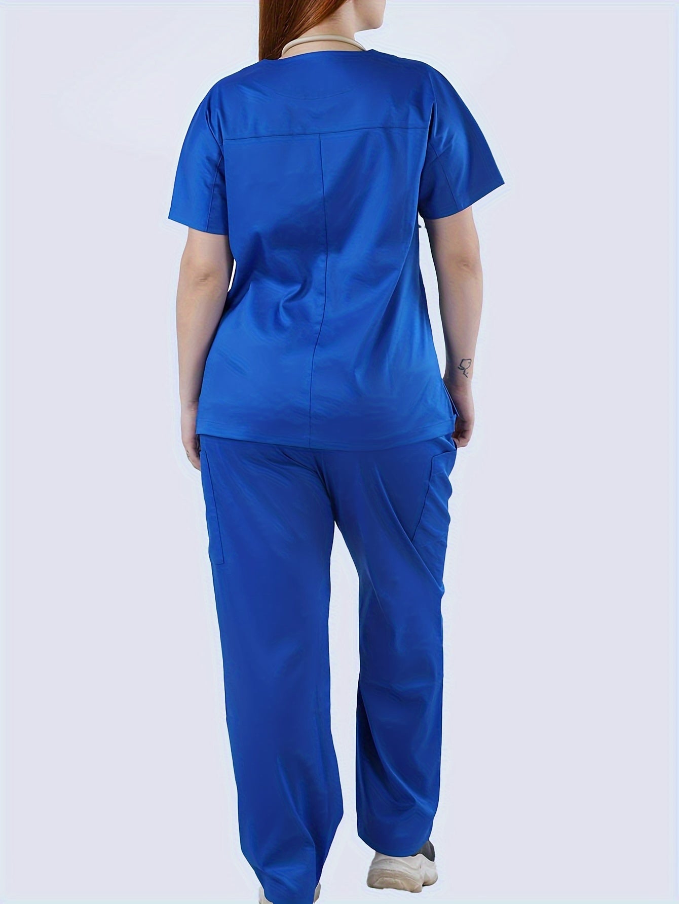 Stretch Women Two-piece Set, V Neck Classic Scrub Top & Straight Leg Pants, Women's Clothings MyFave Boutique