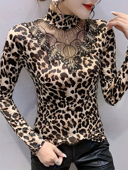 Leopard Print Illusion Neckline Long Sleeve T-Shirt for Women, Spring/Fall Fashion Mock Neck Top MyFave Boutique