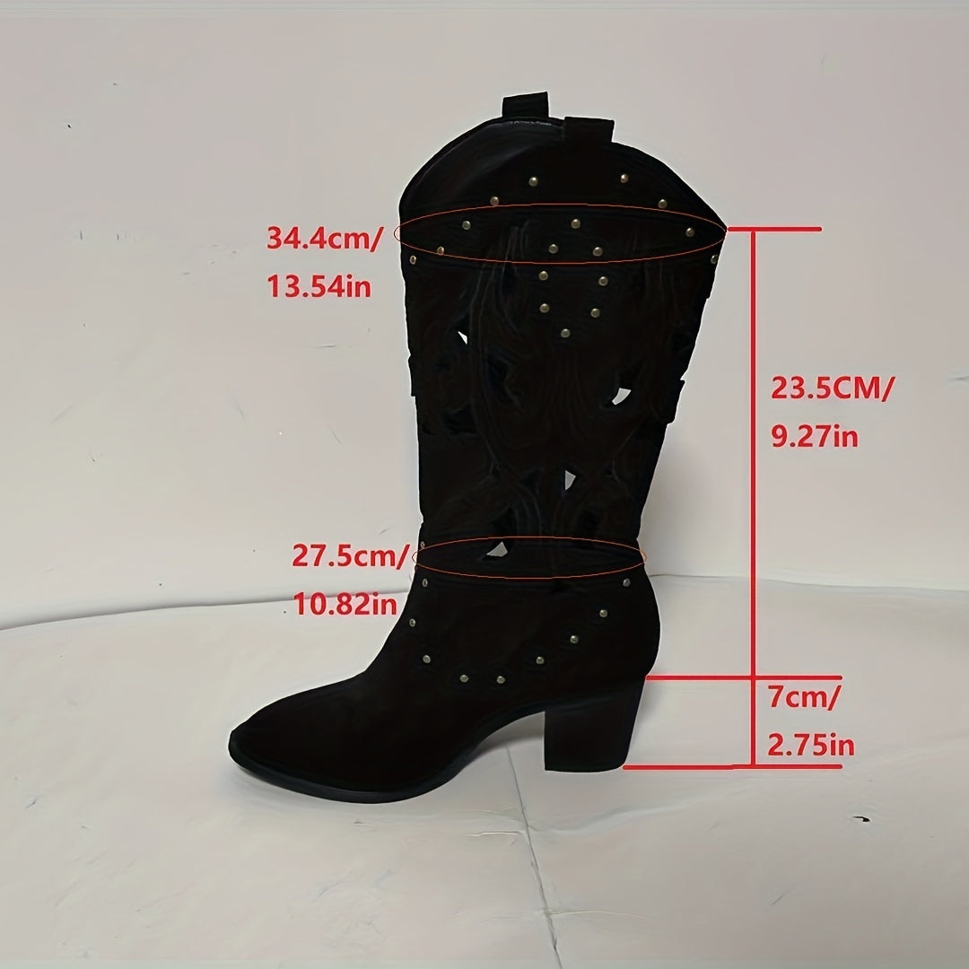 Women's Stylish Studded Boots, Pull On V Cut Out Breathable Chunky Heel Boots, Mid-Calf Western Cowboy Knight Boots MyFave Boutique