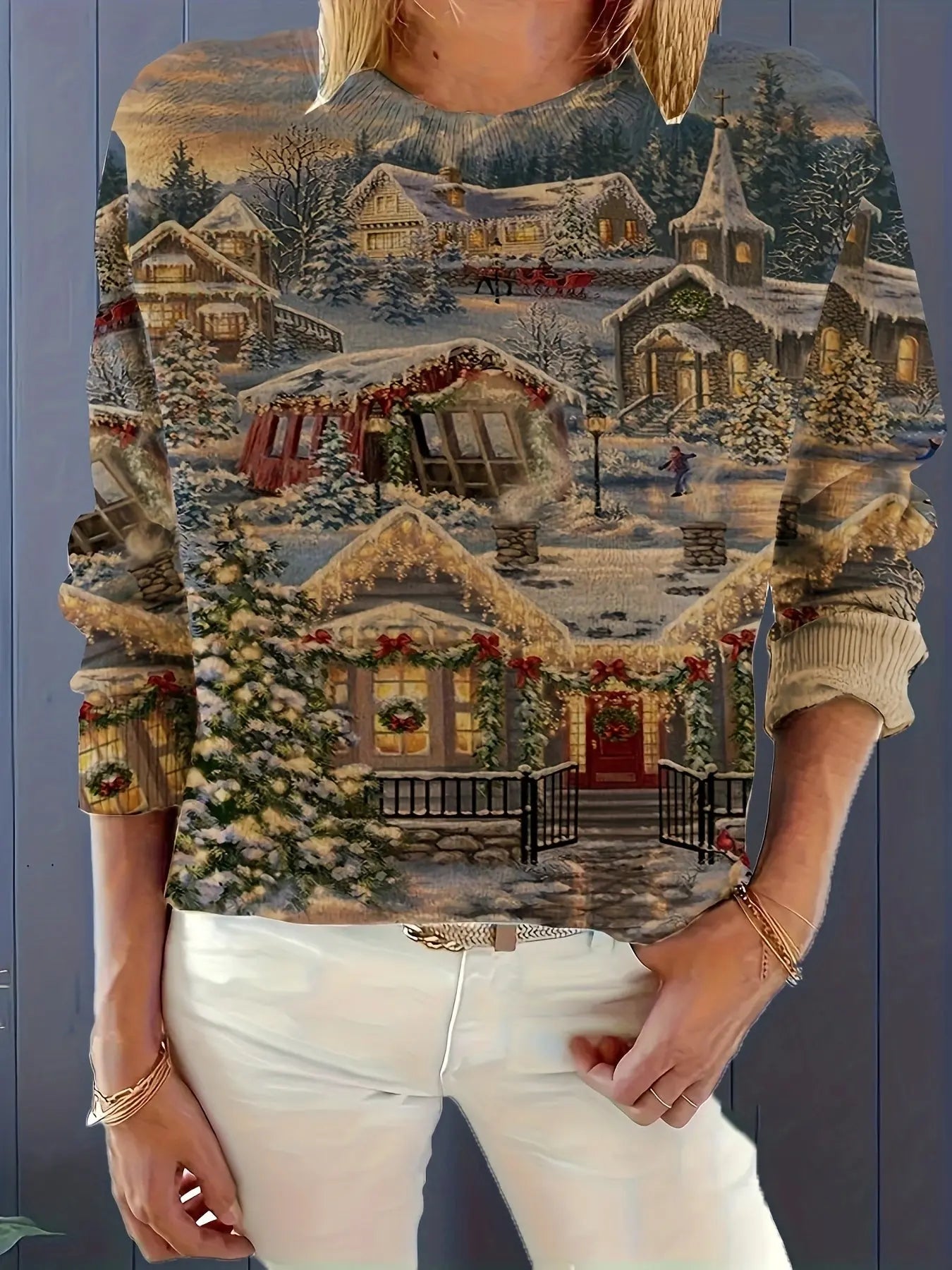 Elegant Crew Neck Christmas Sweater - Winter Scene Print Long Sleeve Pullover - Polyester Acrylic Nylon Blend Knitted Fabric - Cozy Fall/Winter Festive Top MyFave Boutique