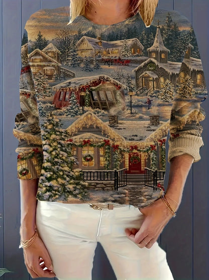 Elegant Crew Neck Christmas Sweater - Winter Scene Print Long Sleeve Pullover - Polyester Acrylic Nylon Blend Knitted Fabric - Cozy Fall/Winter Festive Top MyFave Boutique