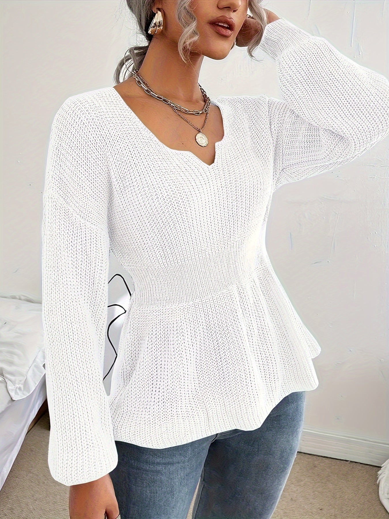 Womens V Neck Sweaters Fall Trendy Casual Long Lantern Sleeve Ribbed Knit Pullover Sweater Tops MyFave Boutique