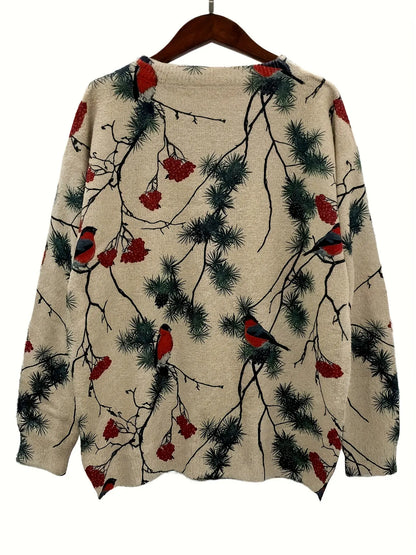 Festive Winter Sweater: Cozy Acrylic & Nylon Blend with Full-Print Pine Branches & Red Berries - Perfect for the Holidays MyFave Boutique