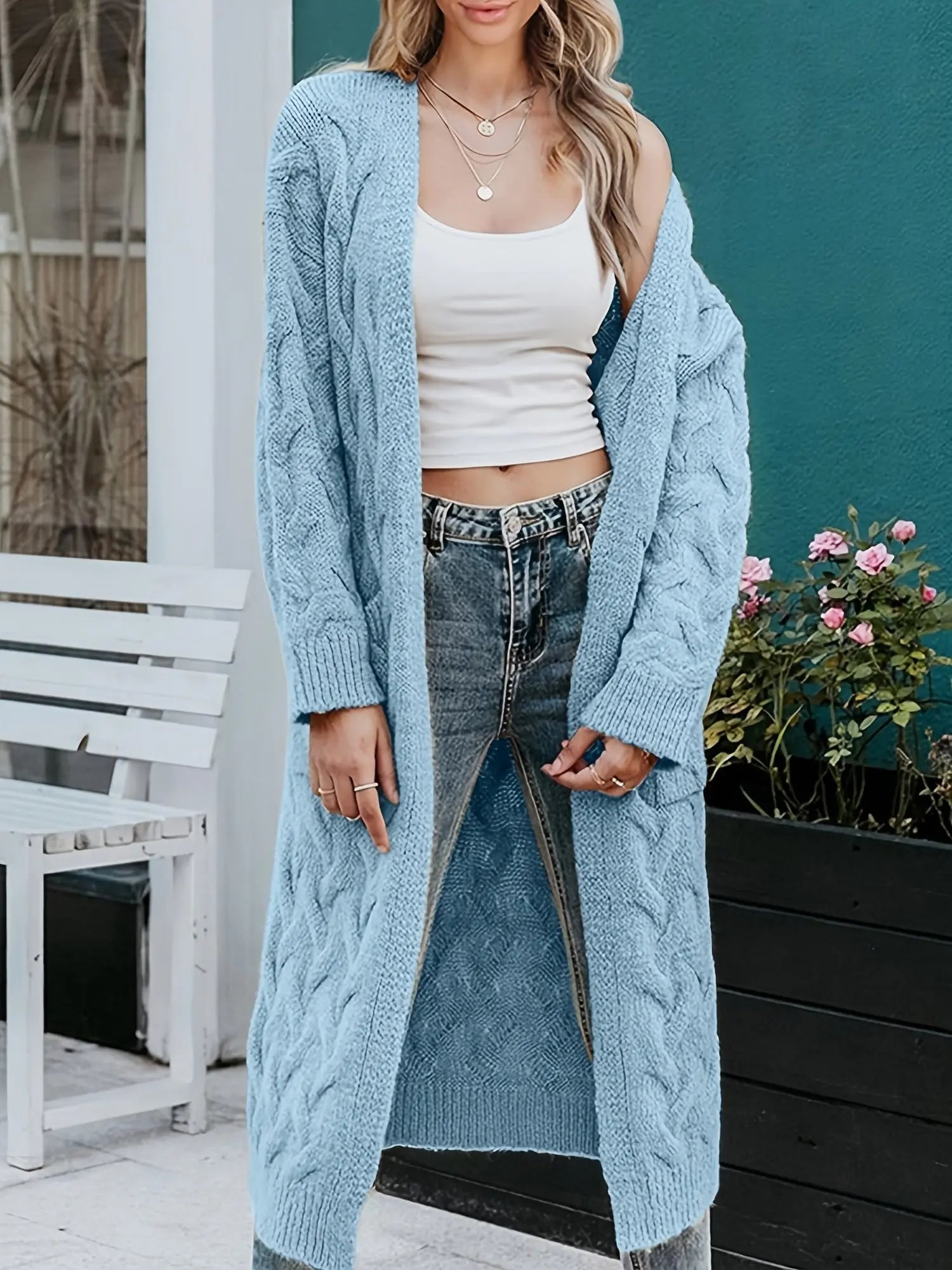 Cable Knit Long Cardigan Coat for Women - Open Front Loose Sweater with Pockets MyFave Boutique