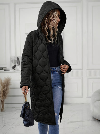 Elegant Long Hooded Puffer Coat, Quilted Winter Jacket With Zip Detail, Women's Clothing MyFave Boutique