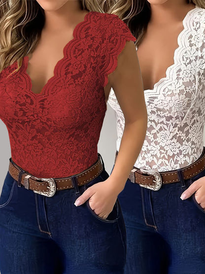 2pcs Fashion Sexy Summer Women's V-Neck Cutout Sexy Tight Top Solid Color Pullover Lace Shirt Vest Pack Of 2 MyFave Boutique