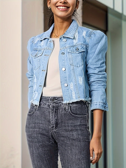 Denim Jacket With Long Bubble Sleeves For Women, Short Denim Jacket With Ripped Holes, Exposing The Belly Top MyFave Boutique