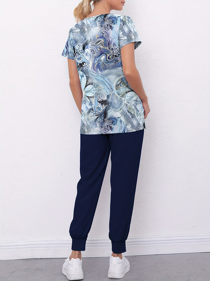 Floral Print 2pcs Modern Scrub Set, V-Neck 2 Pockets Scrub Top + Elastic Waist Scrub Bottoms, Breathable & Comfortable Health Care Uniform For Doctor, Nurse, Physician, Dentist, Women's Work Clothing MyFave Boutique