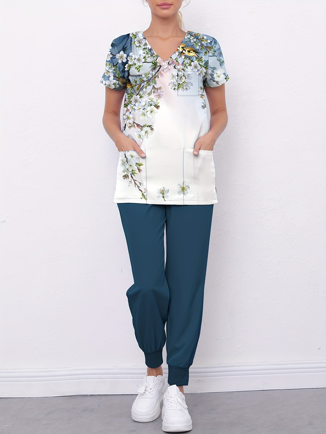 Women's Summer Healthcare Uniform: Comfortable Floral Print Short Sleeve V-neck Top With Dual Pockets & Fitted Bottom Pants - Professional Nursing Outfit MyFave Boutique