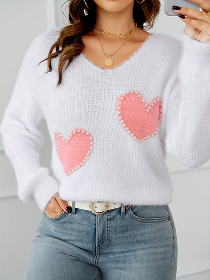 Cozy Heart Pattern Beaded Knit Sweater - Elegant Fuzzy V Neck Women's Clothing MyFave Boutique