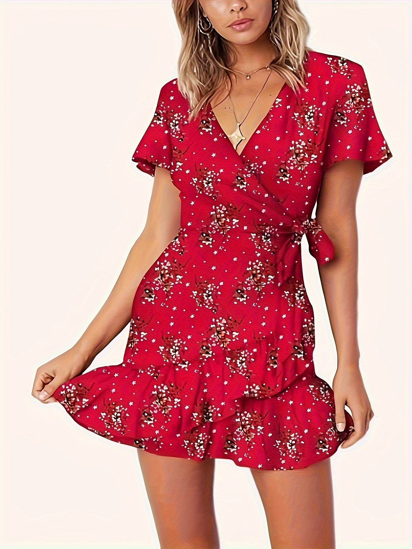 KE00698-T11-Summer Women Short Sleeve Print Dress V Neck Casual Short MyFave Boutique