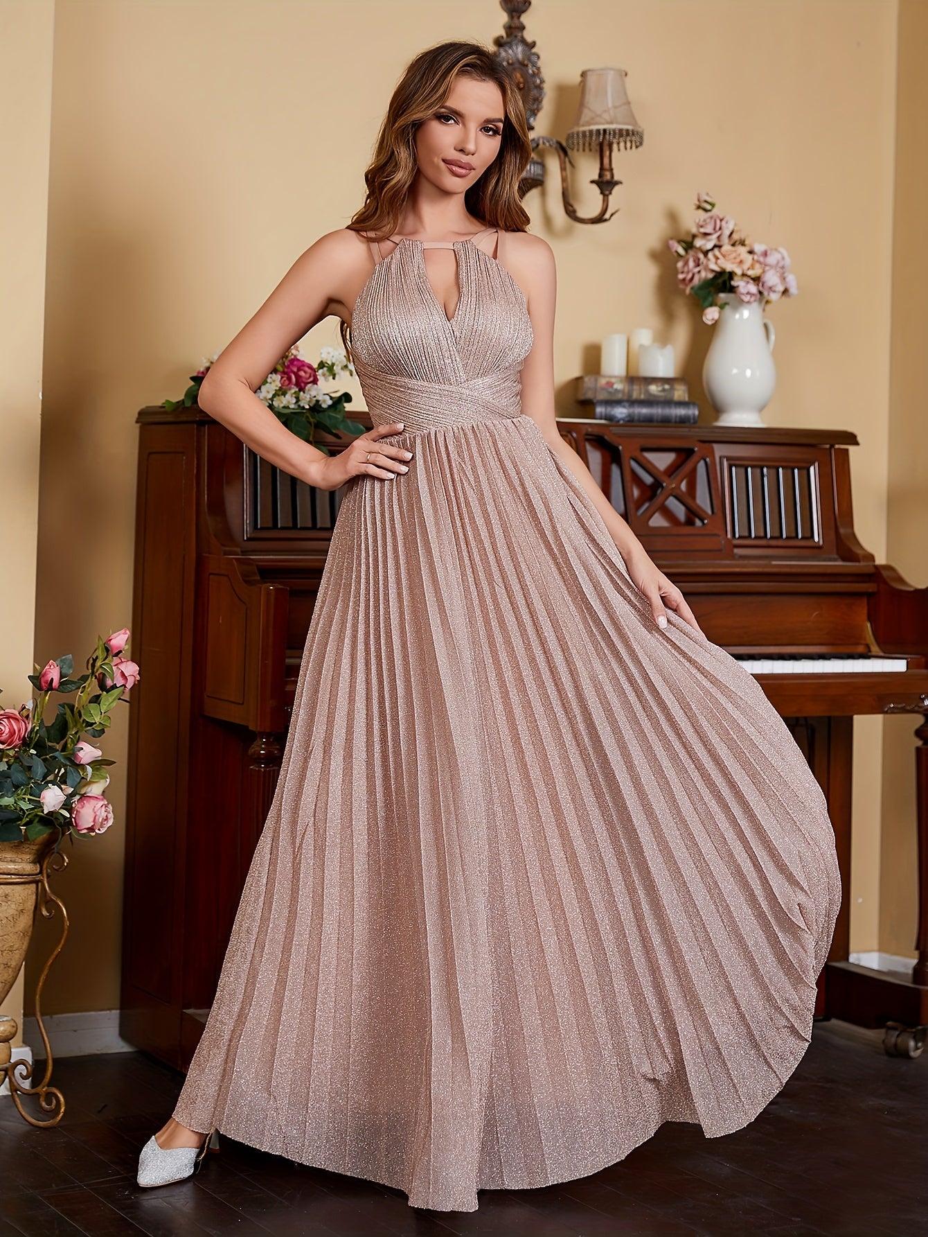 Dusty Rose Sparkly Bridesmaid Dresses Long For Women Wedding Guest Party Gowns Halter Pleated Formal Evening Party Gowns Key Hole Front A-Line Zipper Back Homeocming Dresses Long For Teens Hoco Cocktail Gowns MyFave Boutique