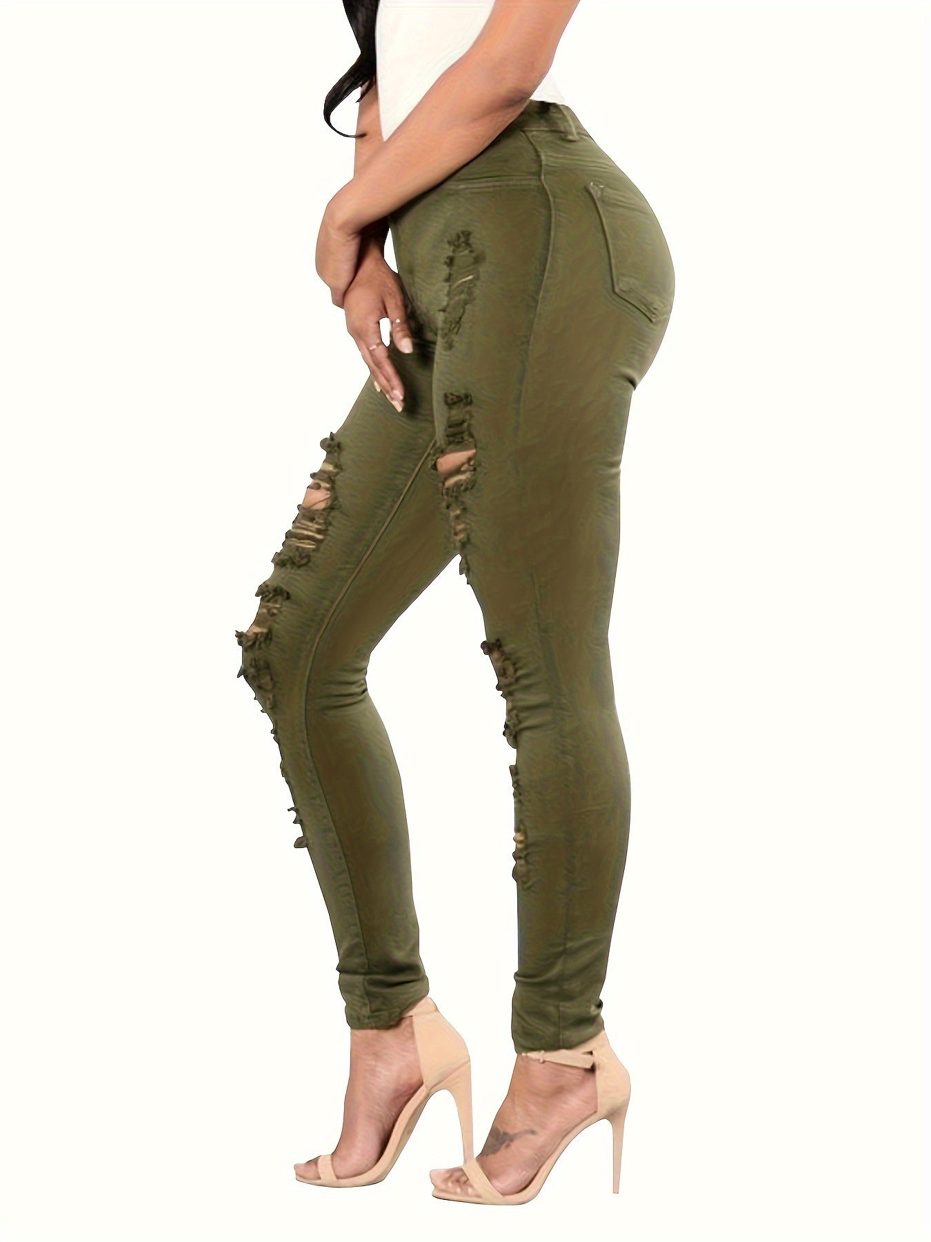 Plain Green Ripped Skinny Fit High Waist Distressed Denim Pants, Women's Denim Jeans & Clothing MyFave Boutique