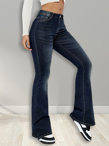 Stretchy Flare Leg Blue Denim Pants - Women's Jeans with Zipper Button Closure, Casual Style, and Comfortable Fit - Perfect for Everyday Wear MyFave Boutique