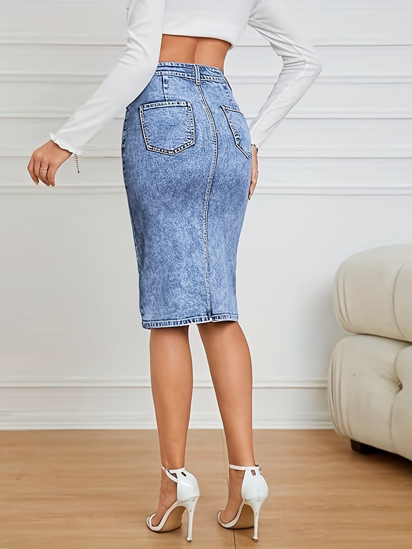 Women's High Waist Midi Denim Skirt Front Split Casual Stretch Knee Length Mid Jean Skirt For Womens. MyFave Boutique