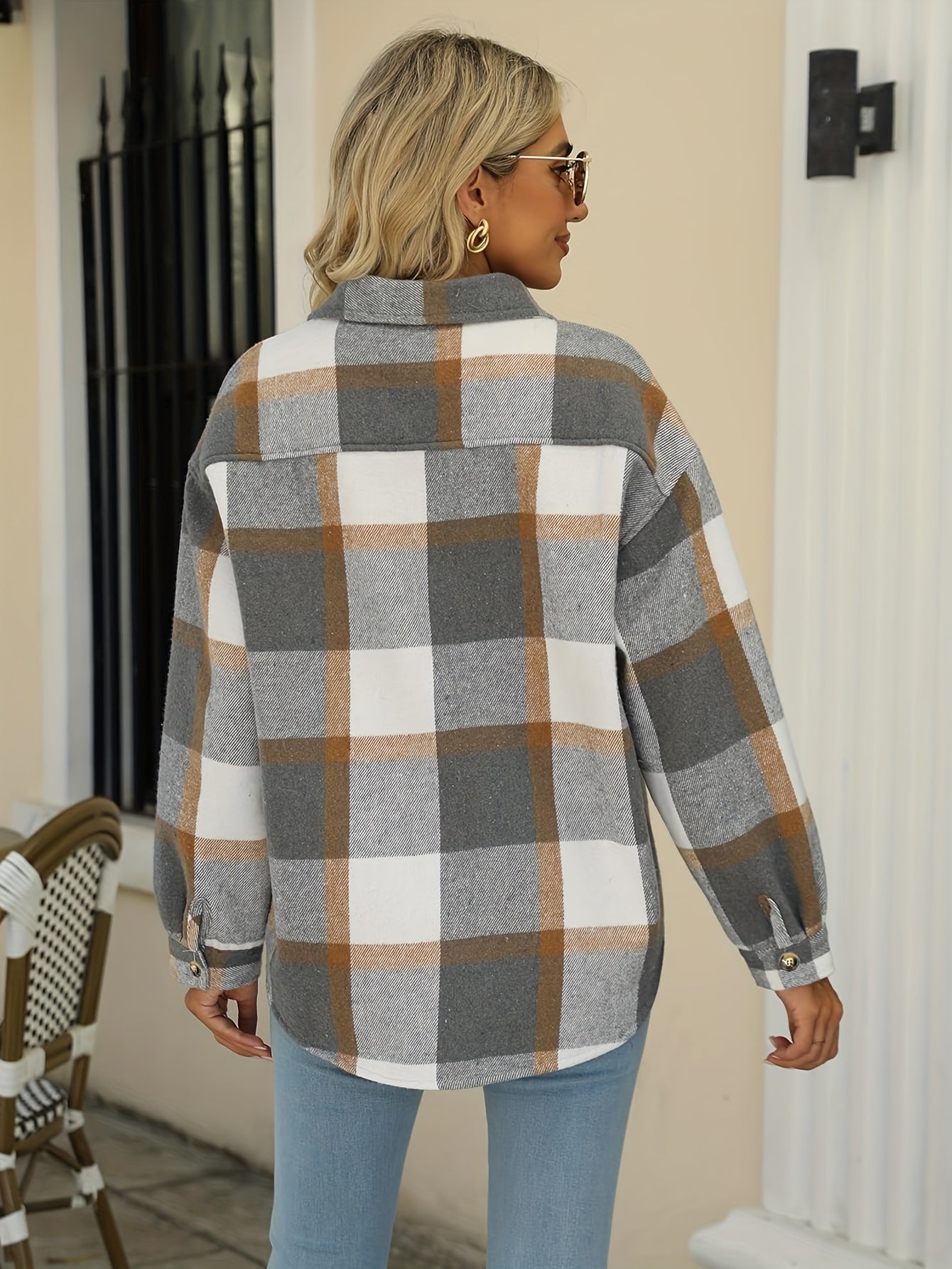 Plaid Print Button Front Jacket, Casual Lapel Neck Flap Pockets Long Sleeve Jacket For Winter & Fall, Women's Clothing MyFave Boutique