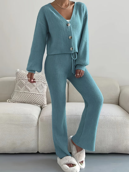 Solid Color Casual Pantsuits, Long Sleeve Drop Shoulder V Neck Button Front Cardigan & Drawstring High Waist Pants Outfits, Women's Clothing MyFave Boutique