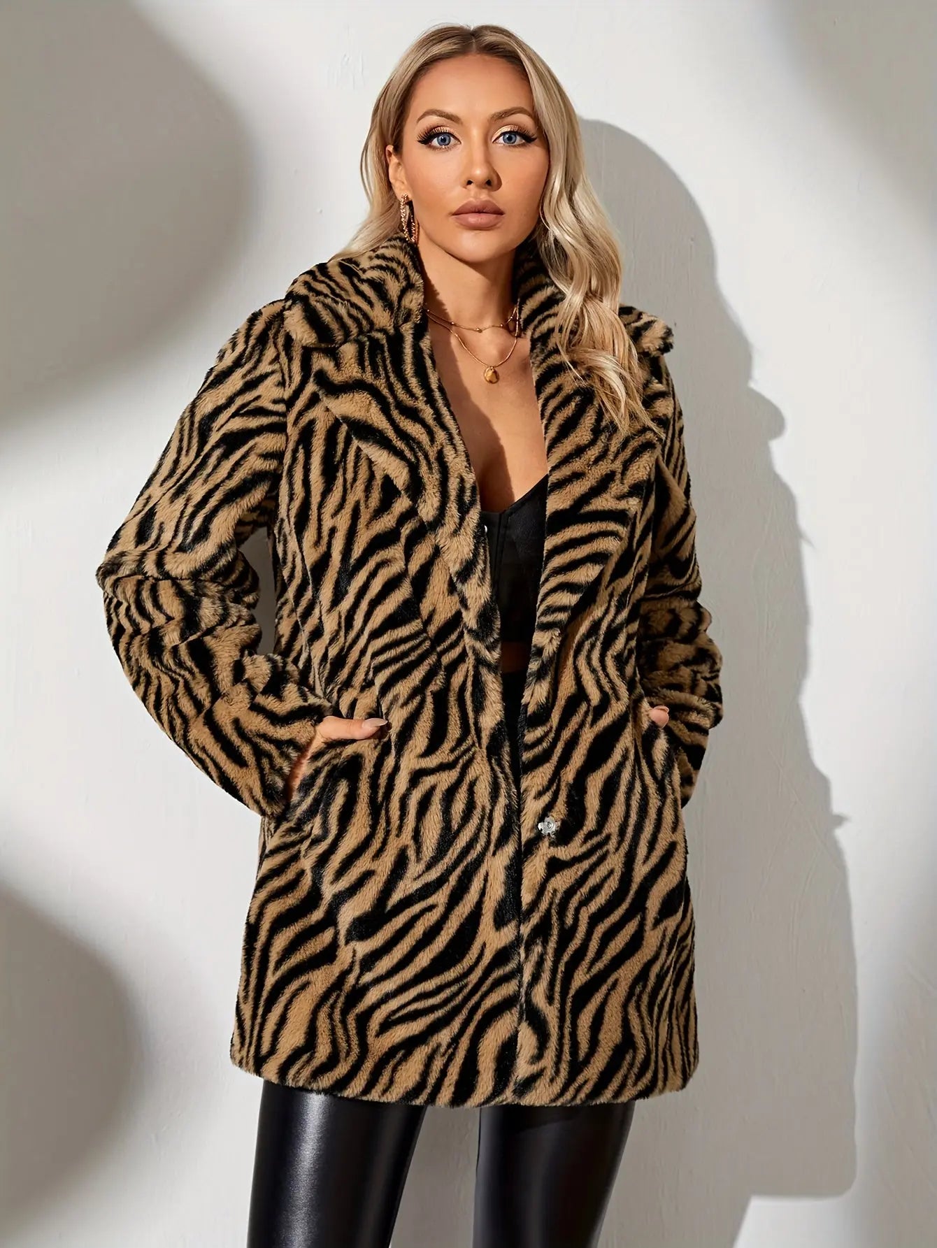 Tiger Stripe Warm Coat, Casual Open Front Long Sleeve Outerwear, Women's Clothing MyFave Boutique