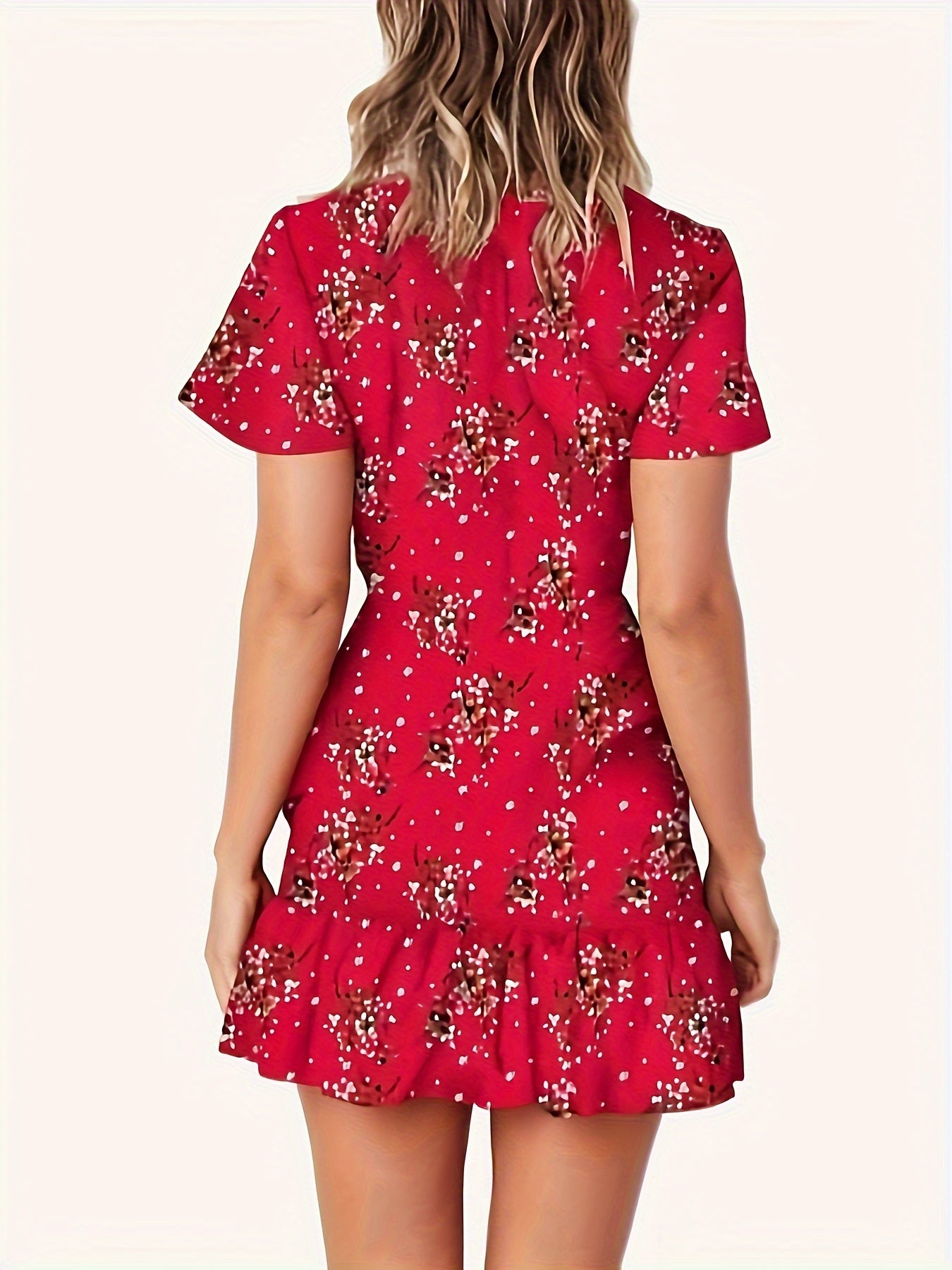 KE00698-T11-Summer Women Short Sleeve Print Dress V Neck Casual Short MyFave Boutique