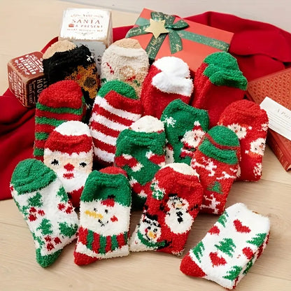 20pcs Cozy Coral Fleece Christmas Socks for Women - Cute & Warm Mid-Calf with Festive Reindeer & Santa Designs, Perfect for Holiday Gifting MyFave Boutique