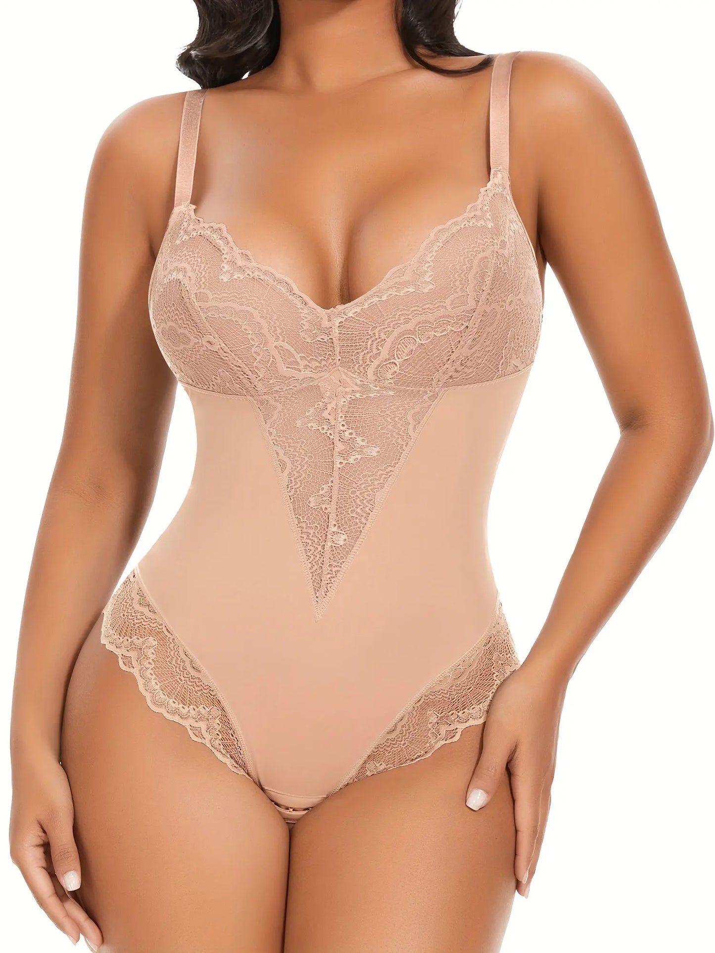 Werena Women's Slimming Lace-Trim V-Neck Shapewear Bodysuit - Tummy Control, Stretch Nylon Blend, Hand Washable MyFave Boutique