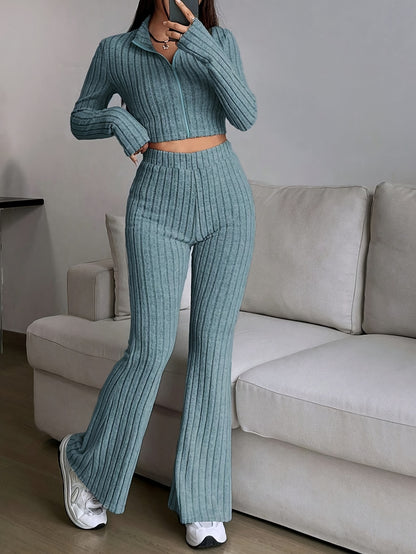 Rib Knit Solid Color Casual Pantsuits, Full Zip Long Sleeve Crop Outwear & High Waist Bootcut Leg Pants Outfits, Women's Clothing MyFave Boutique