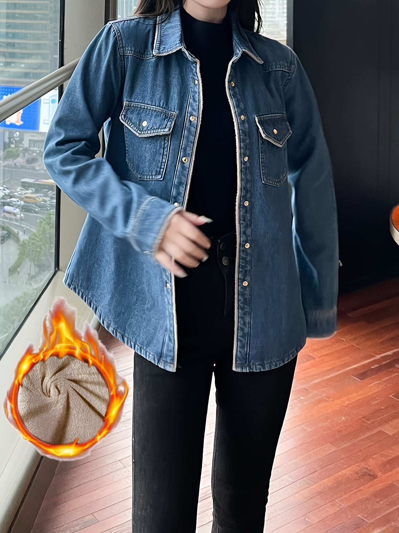 Plush Lined Long Sleeve Thickened Jeans Denim Jacket For Winter & Fall, Women's Denim Jeans & Clothing MyFave Boutique