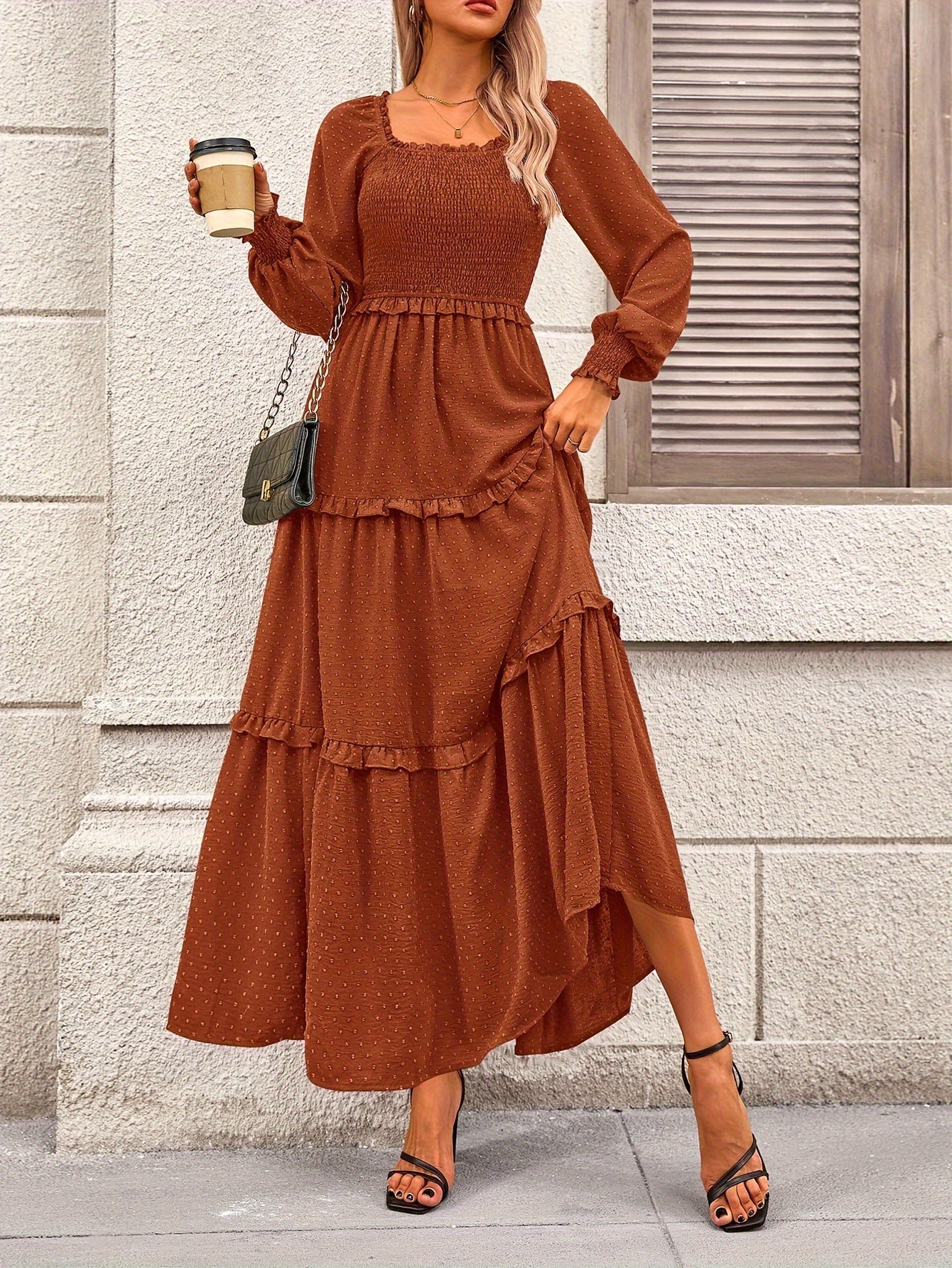 Women's Long Sleeve Smocked Maxi Dress Casual Square Neck Swiss Dot Tiered Ruffle Flowy Pocket Dresses MyFave Boutique