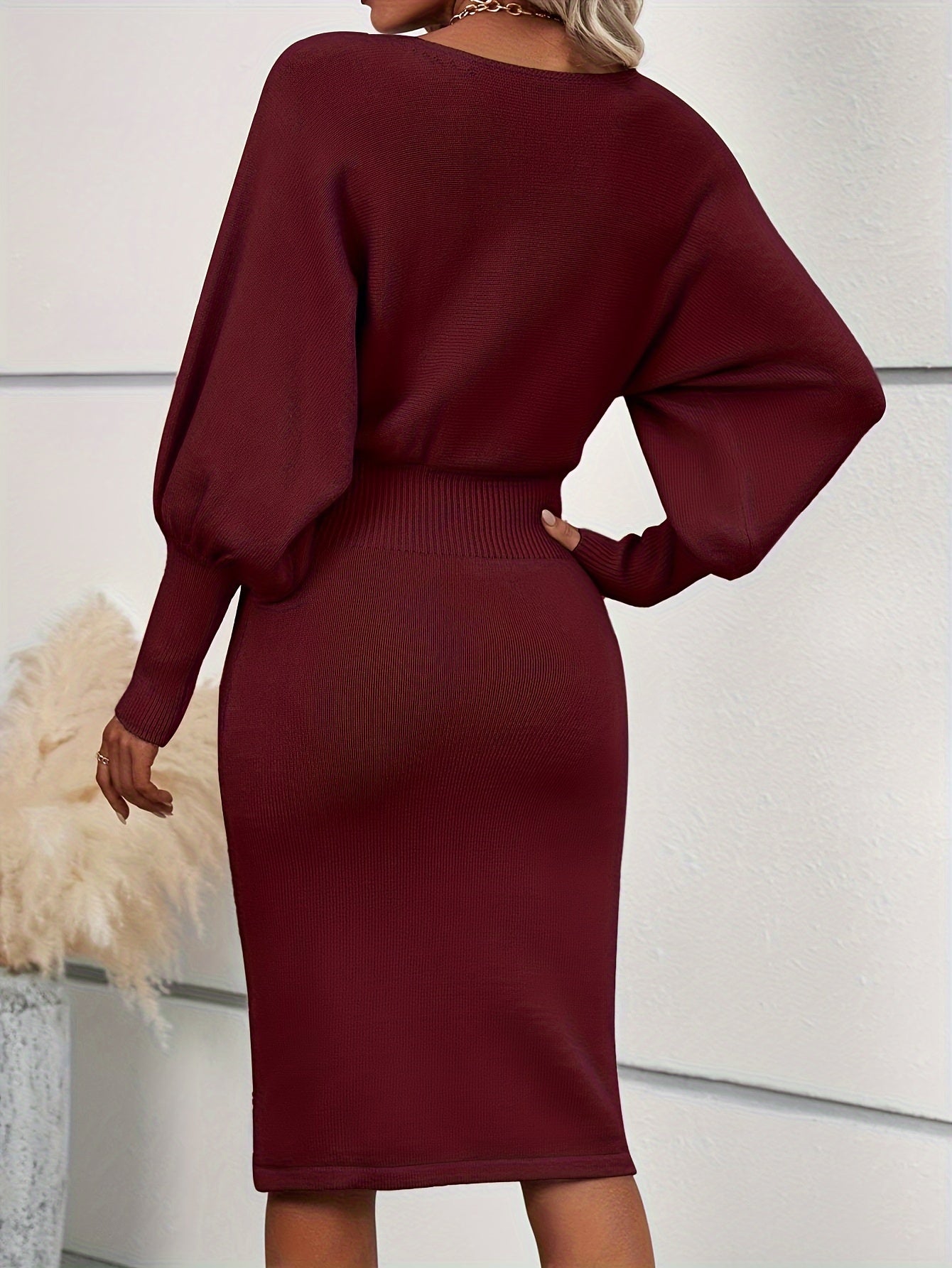 Autumn And Winter Solid Color Lantern Sleeve Waist Sweater Dress MyFave Boutique