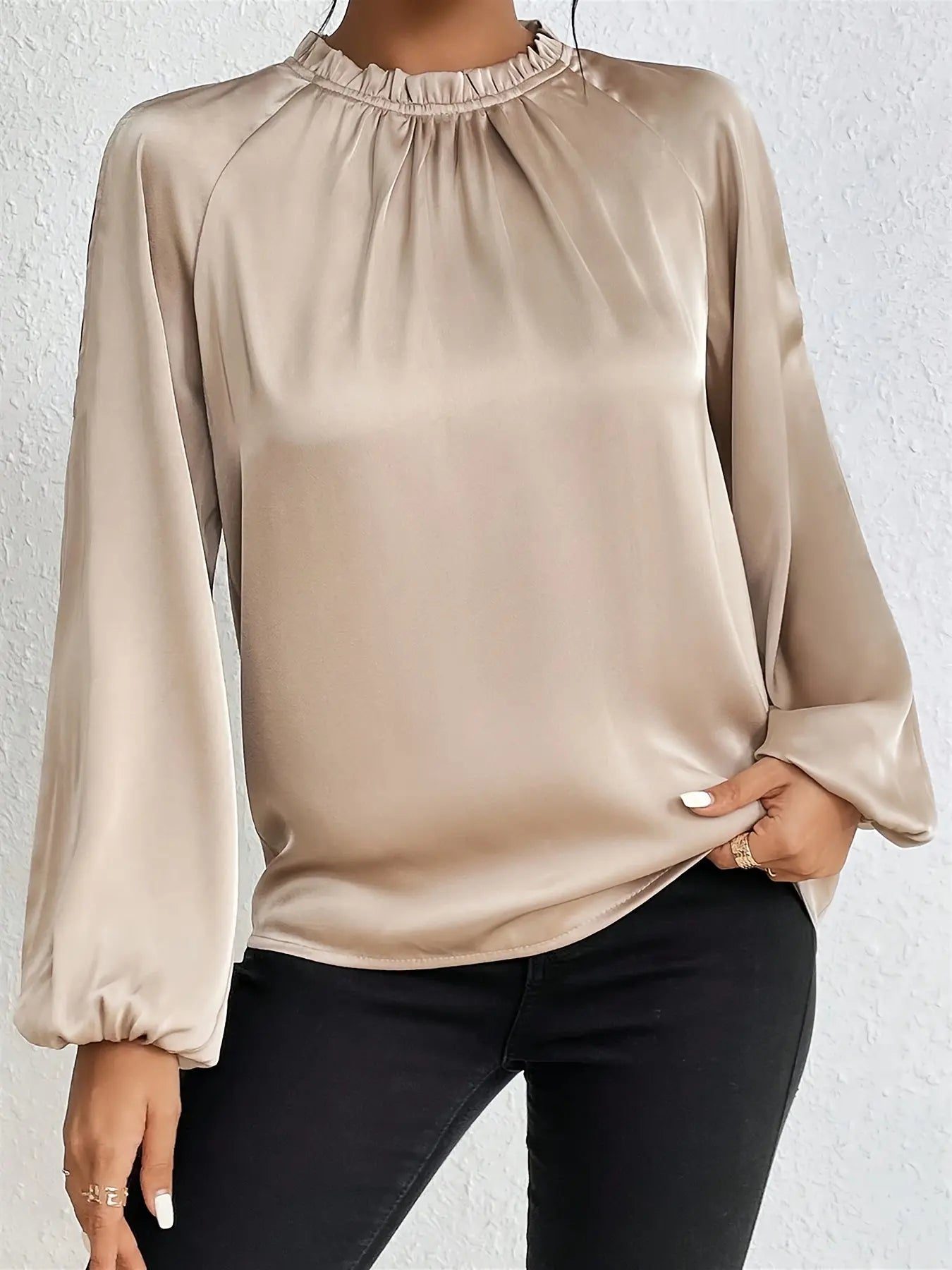 Cold Shoulder Mock Neck Blouse, Casual Lantern Sleeve Blouse For Spring & Fall, Women's Clothing MyFave Boutique