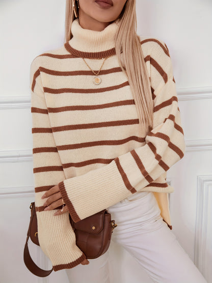 Chic Color Block Striped Turtleneck Sweater for Women - Casual Long Sleeve Knit Top, Perfect for Fall/Winter MyFave Boutique